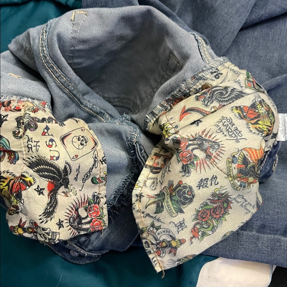 Ed Hardy Women's Brave Hearts Stay True Eagle Wide Leg Jeans Med Vintage Wash 24 - Picture 11 of 15